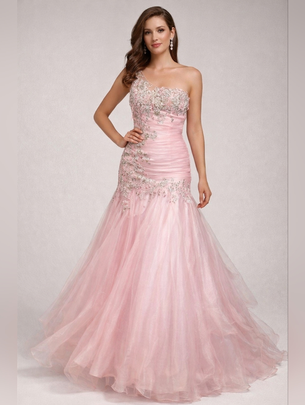 One-Shoulder Pink Embellished Mermaid Evening Dress - Size Small